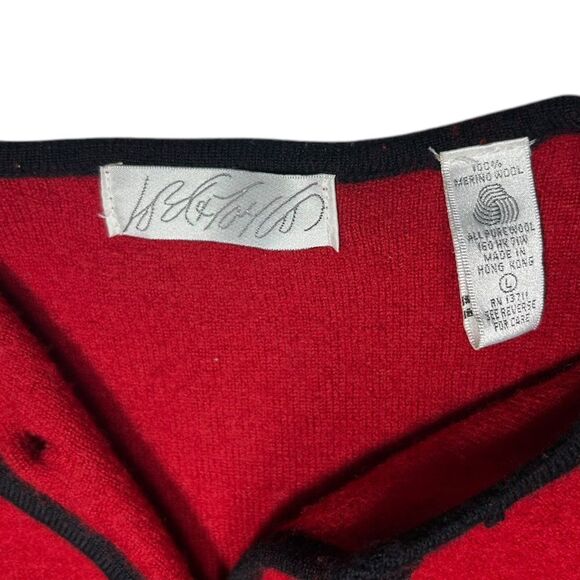 Lord & Taylor 100% Merino Wool Cropped Red Sweater Black Trim Cardigan Button Up - Picture 3 of 9